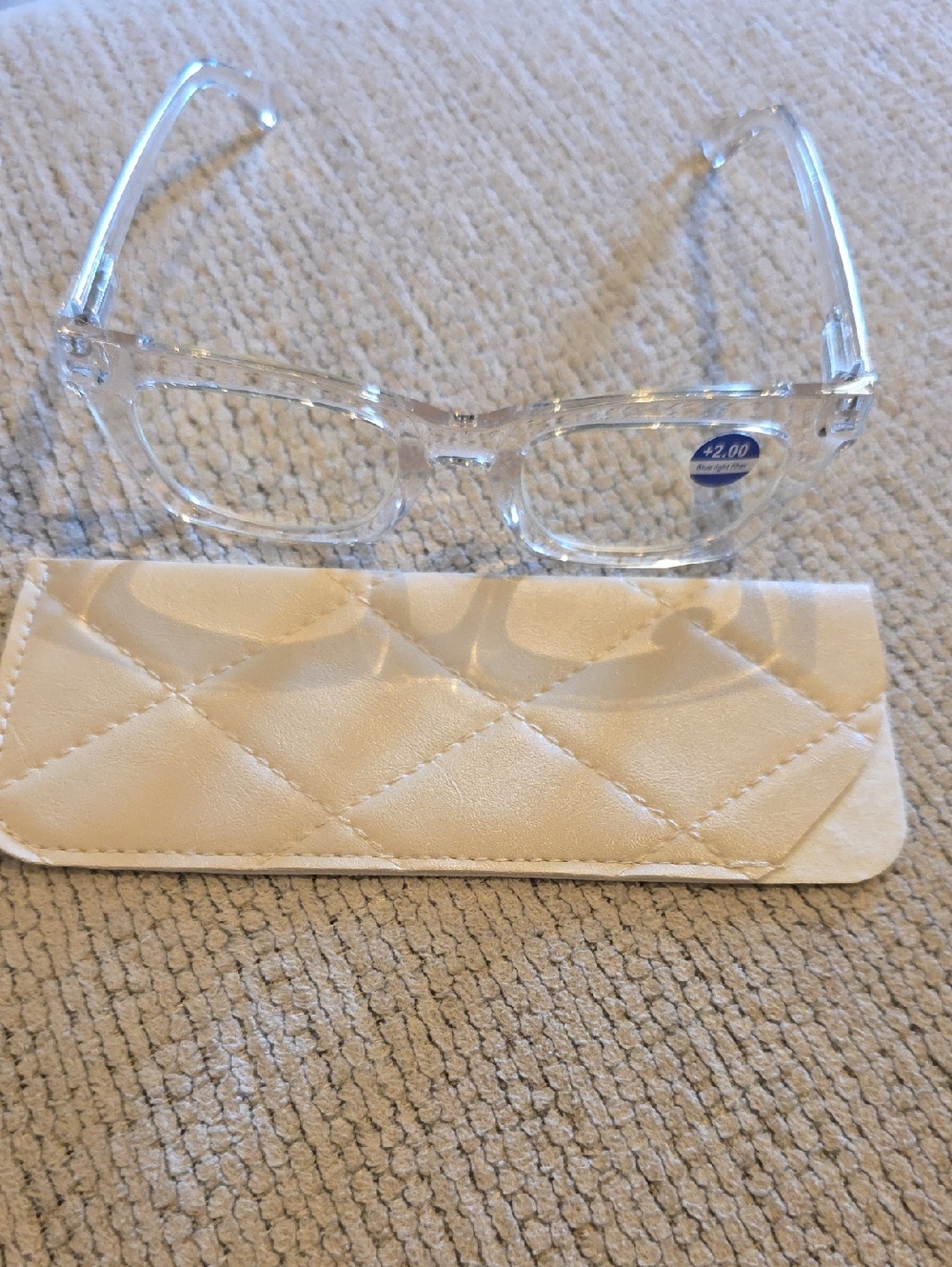 Clear Reading Glasses with Cream Quilted Case - +2.00